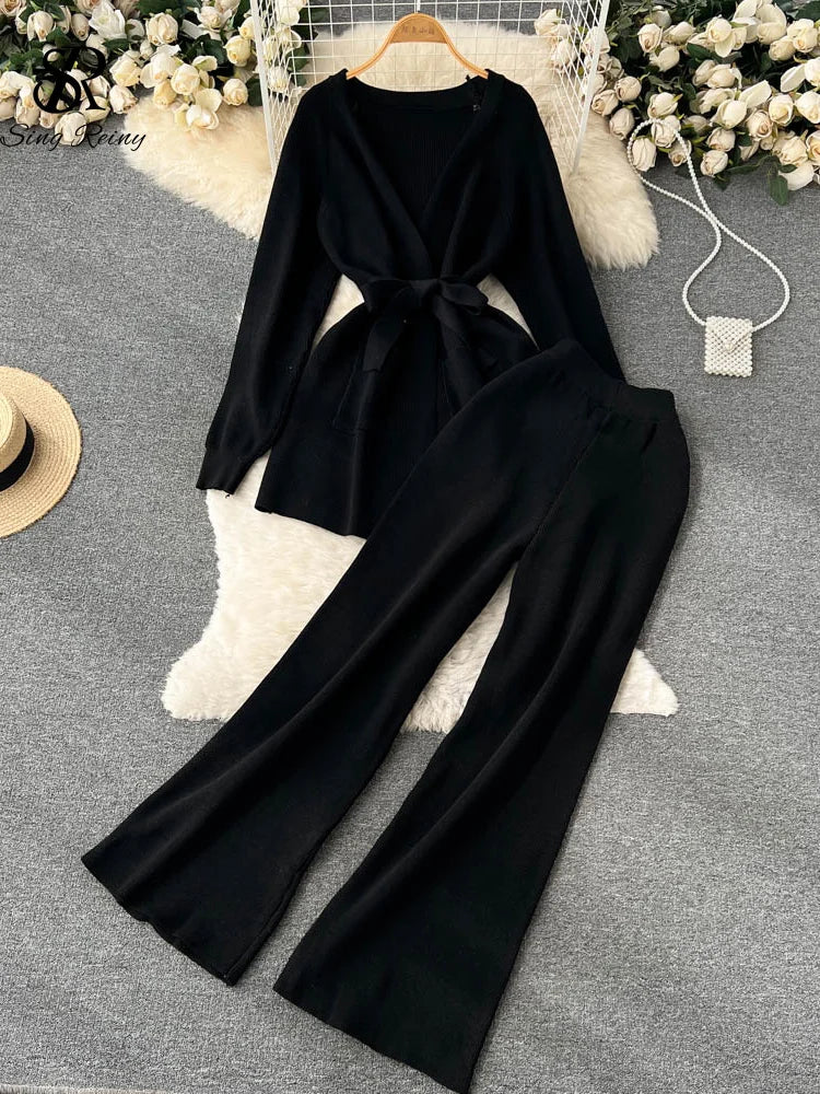 SINGREINY Winter Casual Knit Two-Piece Set: Long-Sleeve Cardigan Coat + Elastic-Waist Wide-Leg Pants, Women's Loose Sweater Set