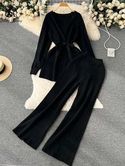 SINGREINY Winter Casual Knit Two-Piece Set: Long-Sleeve Cardigan Coat + Elastic-Waist Wide-Leg Pants, Women's Loose Sweater Set