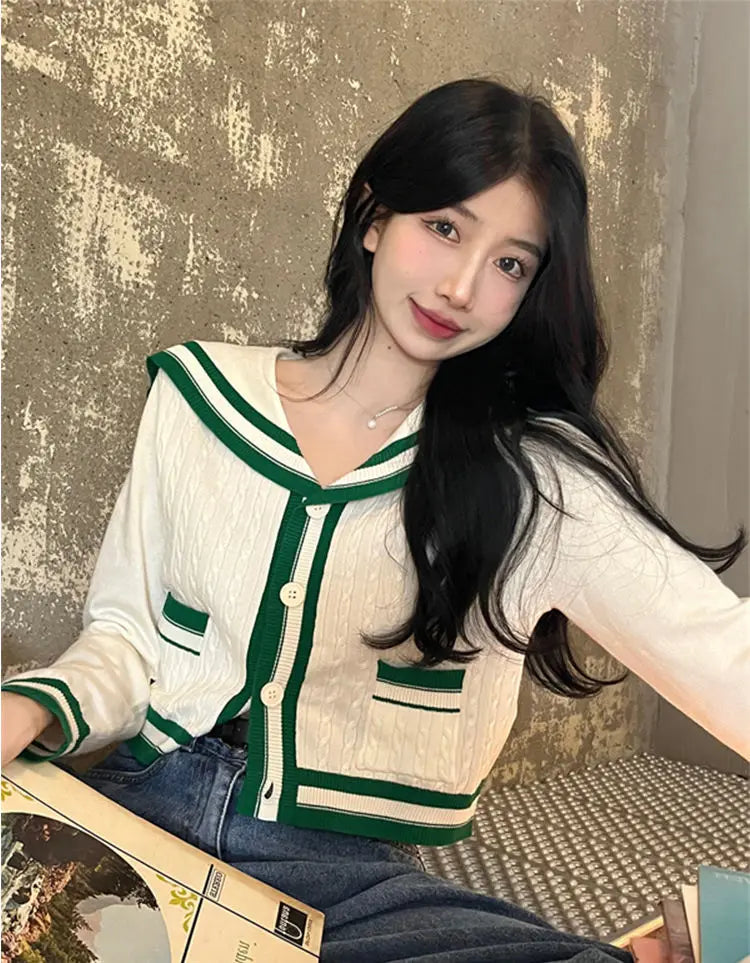 2024 New Spring Knit Set for Women - Preppy Sailor Collar Cardigan with Elastic Wide-Leg Pants, Long-Sleeve Korean Tracksuit