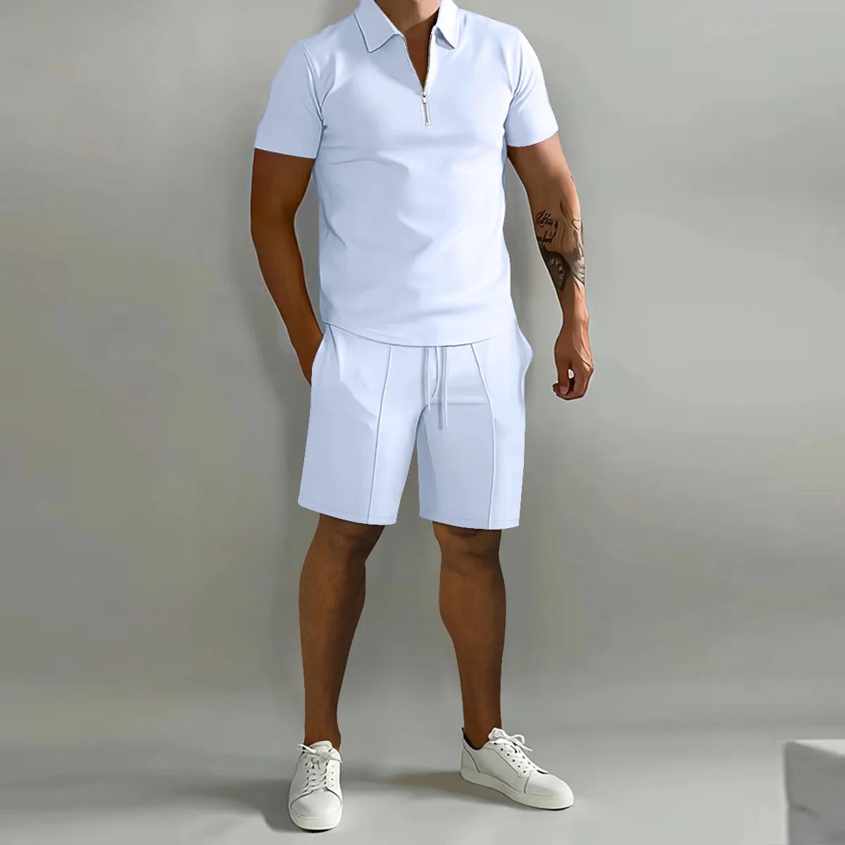 Summer New Solid-Color Men's Set – High-Street Polo Collar Short-Sleeve Zip-Front Pullover with Elastic Waist & Pockets, Y2K Shorts