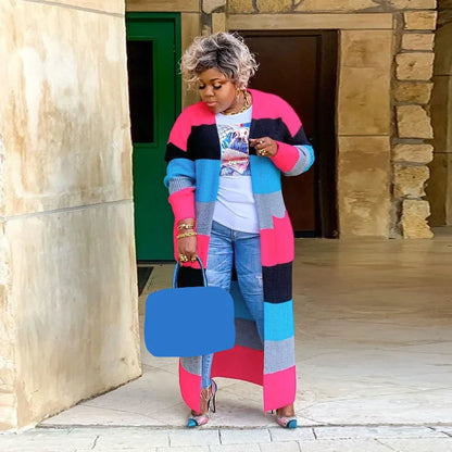 Plus Size Patchwork Knit Open-Stitch Maxi Jumper Sweater - Ribbed Long-Sleeve Cardigan for Women (Autumn & Winter Fashion)