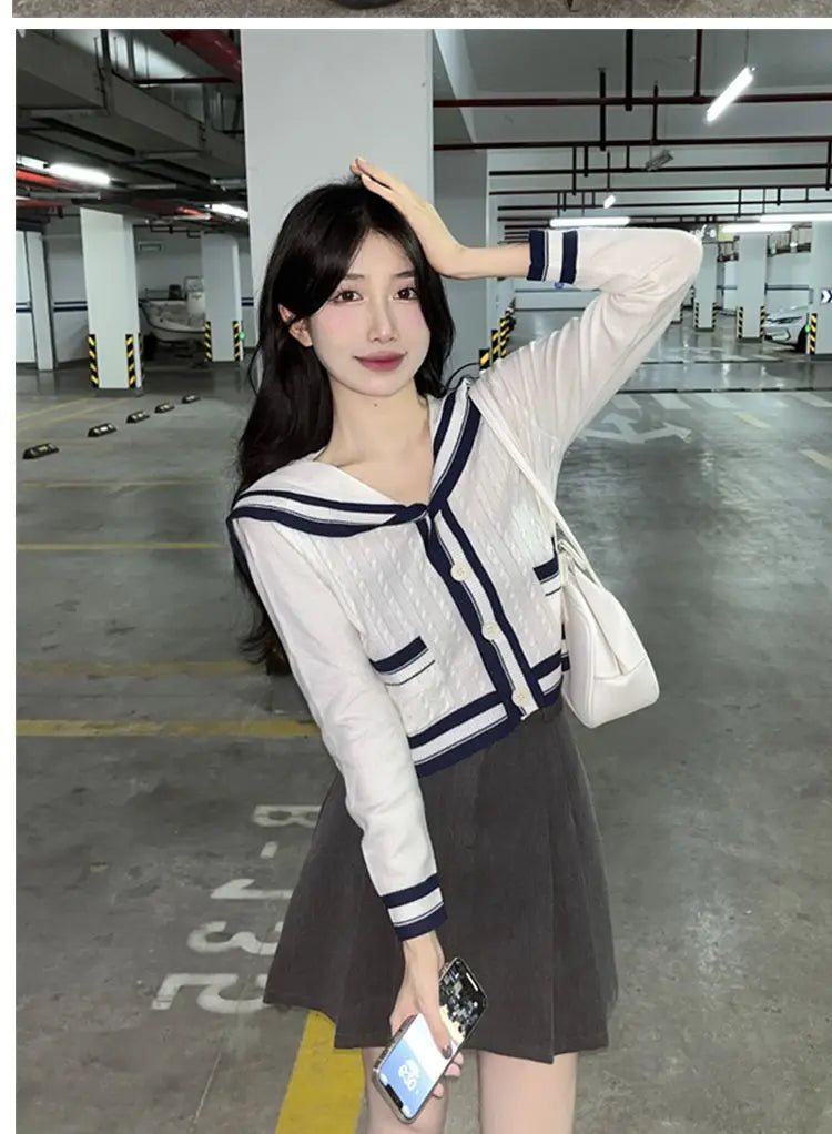 2024 New Spring Knit Set for Women - Preppy Sailor Collar Cardigan with Elastic Wide-Leg Pants, Long-Sleeve Korean Tracksuit