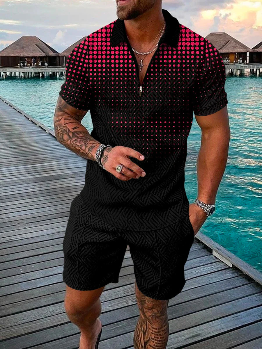 Men's Cotton Tracksuit Set - Solid Color Short Sleeve Zipper Polo + Shorts, Casual Streetwear 2-Piece Suit for Summer 2022