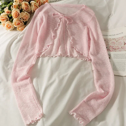 Women's Frenum Cardigan Blouses & Tops — Bow Lace-Up Long Sleeve Crop Top, Elegant Thin Aesthetic Shirt, Korean Style