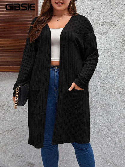 GIBSIE Plus Size Solid Rib Knit Open-Front Cardigan for Women – Casual Mid-Length Long Sleeve Coat, Spring & Autumn