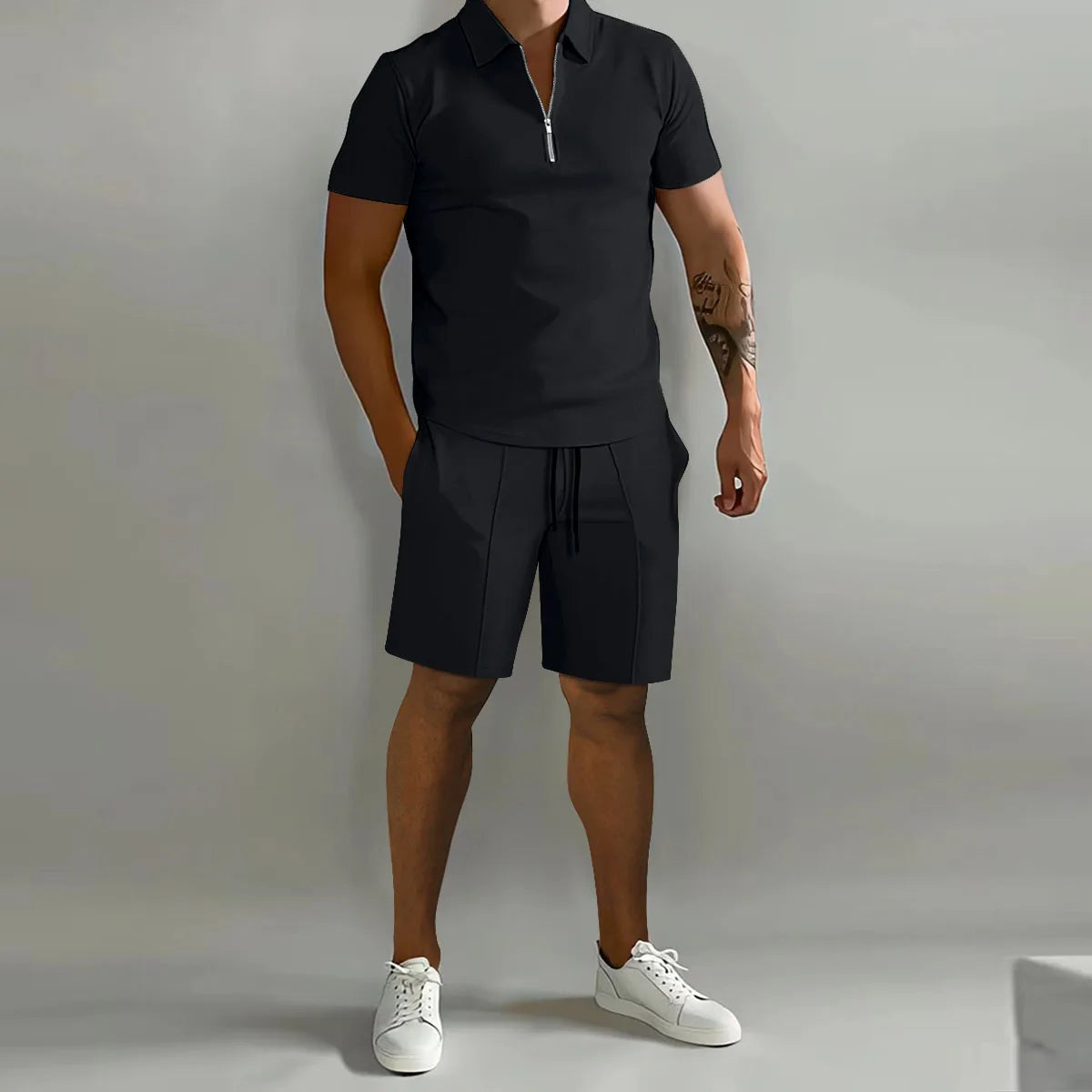 Summer New Solid-Color Men's Set – High-Street Polo Collar Short-Sleeve Zip-Front Pullover with Elastic Waist & Pockets, Y2K Shorts