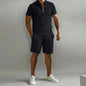 Summer New Solid-Color Men's Set – High-Street Polo Collar Short-Sleeve Zip-Front Pullover with Elastic Waist & Pockets, Y2K Shorts