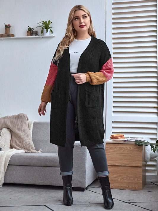 Plus Size Midi Knitted Cardigan for Women - Autumn Winter Patchwork Colour-Block Sweater, Casual Ladies Cardigan 2023