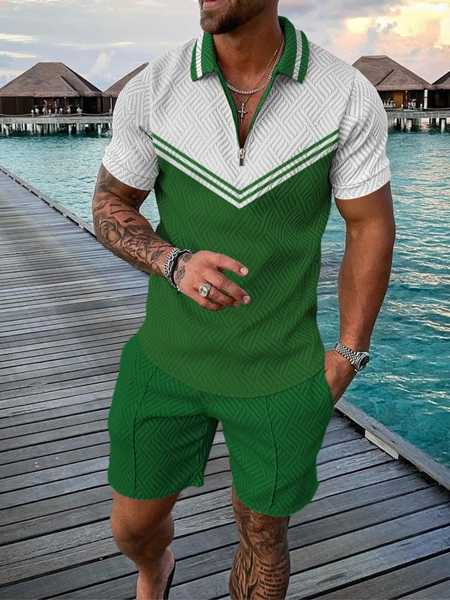 Hawaii Men's 2-Piece Set: 3D-Printed Zip-Up Polo Shirt (Short Sleeve) + Casual Shorts – Unisex, Trendy Summer Fashion