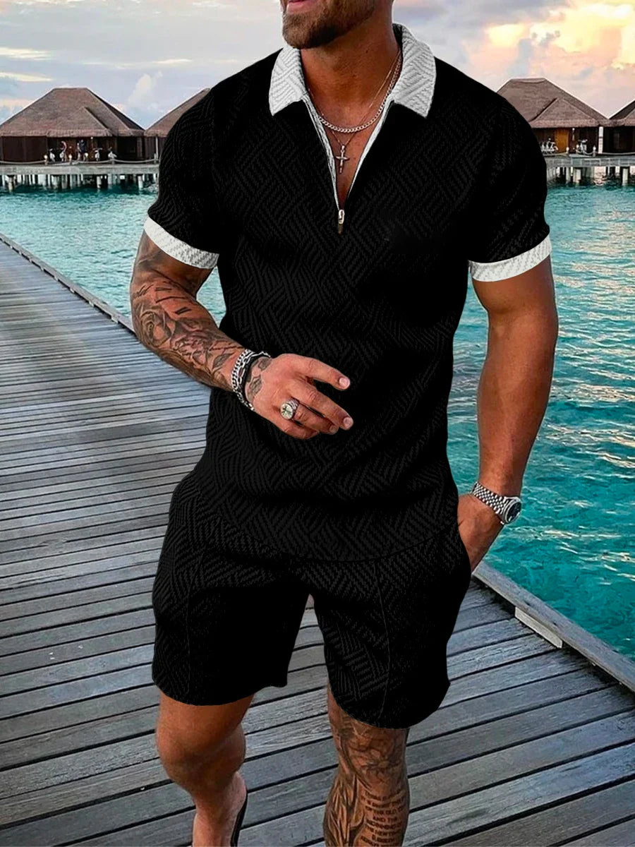 Men's Cotton Tracksuit Set - Solid Color Short Sleeve Zipper Polo + Shorts, Casual Streetwear 2-Piece Suit for Summer 2022