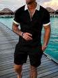 Men's Cotton Tracksuit Set - Solid Color Short Sleeve Zipper Polo + Shorts, Casual Streetwear 2-Piece Suit for Summer 2022