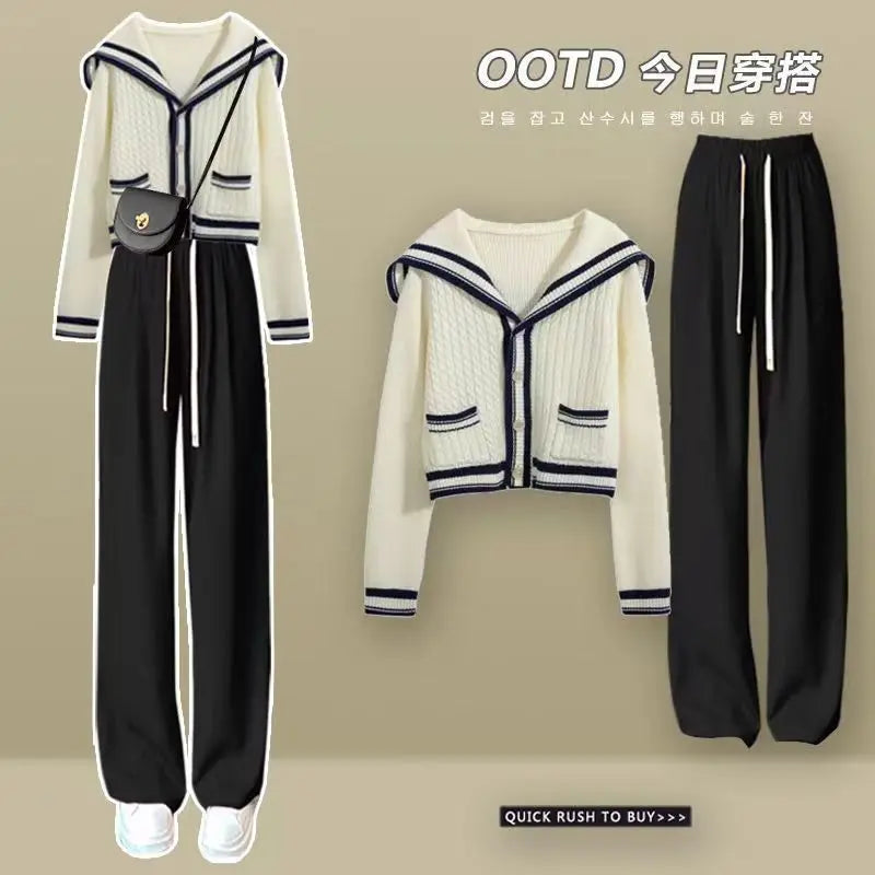 2024 New Spring Knit Set for Women - Preppy Sailor Collar Cardigan with Elastic Wide-Leg Pants, Long-Sleeve Korean Tracksuit