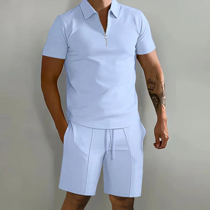 Summer New Solid-Color Men's Set – High-Street Polo Collar Short-Sleeve Zip-Front Pullover with Elastic Waist & Pockets, Y2K Shorts