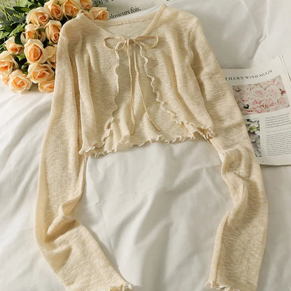 Women's Frenum Cardigan Blouses & Tops — Bow Lace-Up Long Sleeve Crop Top, Elegant Thin Aesthetic Shirt, Korean Style