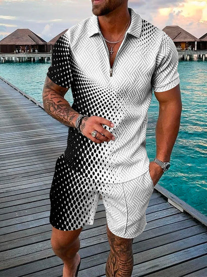 Men's Cotton Tracksuit Set - Solid Color Short Sleeve Zipper Polo + Shorts, Casual Streetwear 2-Piece Suit for Summer 2022