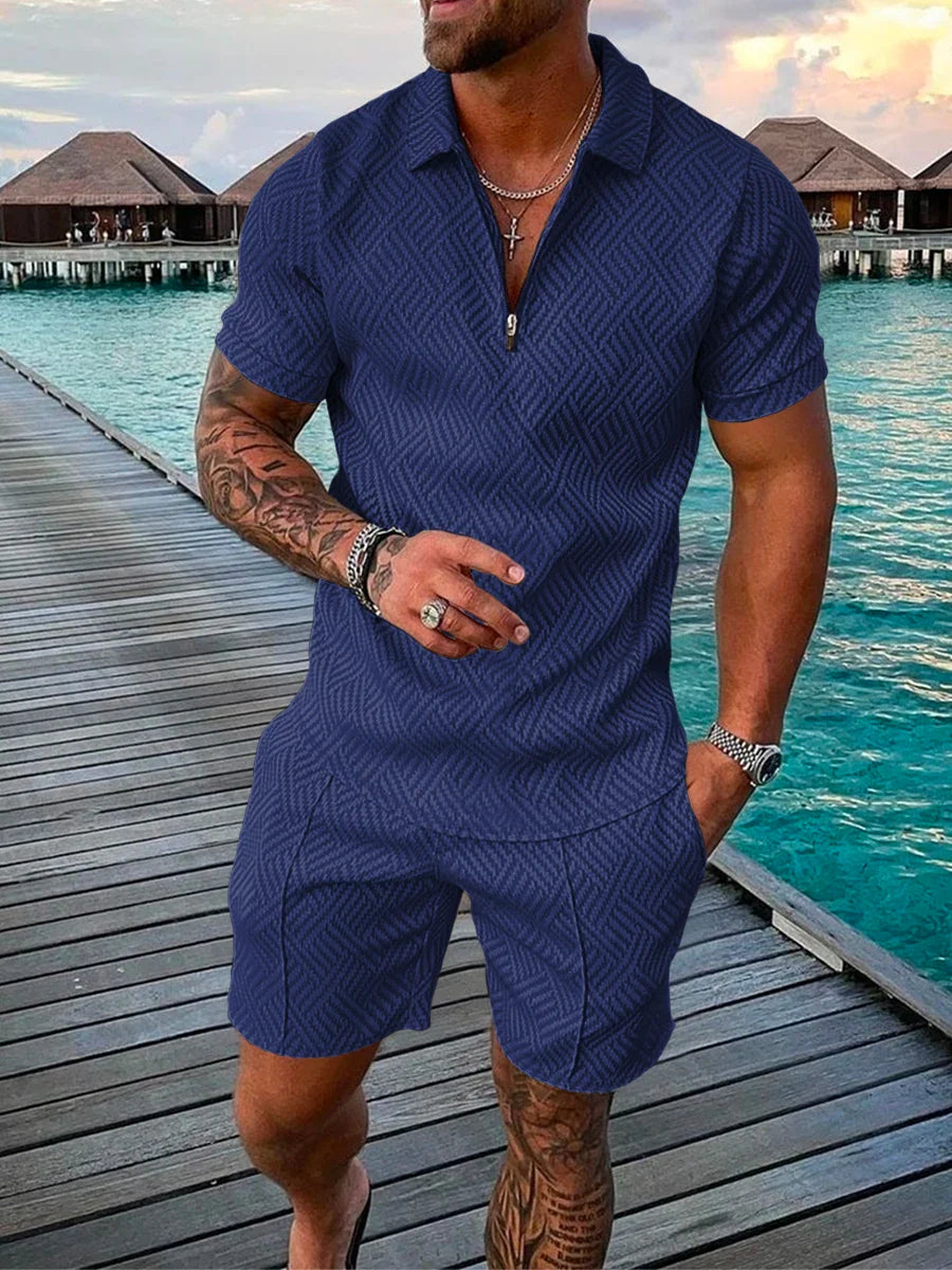 Men's Cotton Tracksuit Set - Solid Color Short Sleeve Zipper Polo + Shorts, Casual Streetwear 2-Piece Suit for Summer 2022