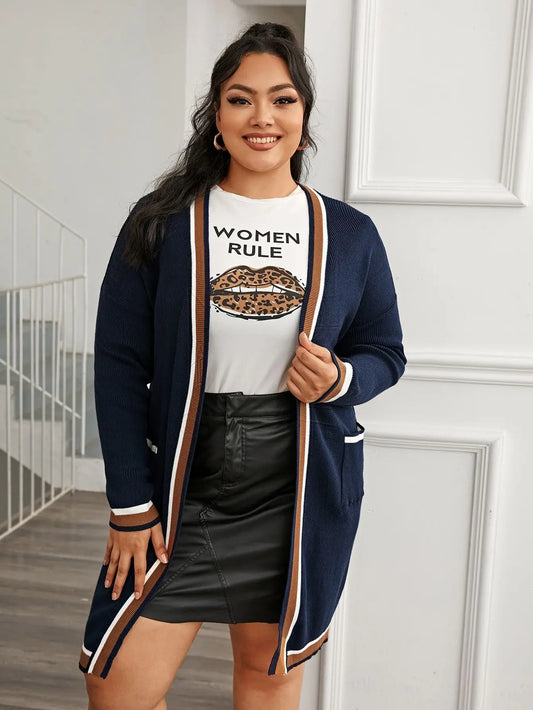 Plus Size Knitted Cardigan for Autumn & Winter - Striped Print, Loose Fit Women’s Casual Sweater Coat (Modis Ladies) 2023