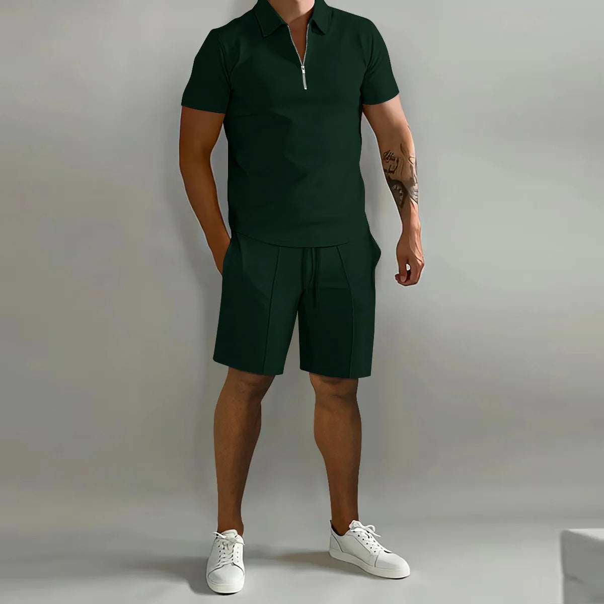 Summer New Solid-Color Men's Set – High-Street Polo Collar Short-Sleeve Zip-Front Pullover with Elastic Waist & Pockets, Y2K Shorts