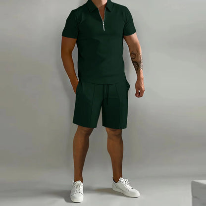 Summer New Solid-Color Men's Set – High-Street Polo Collar Short-Sleeve Zip-Front Pullover with Elastic Waist & Pockets, Y2K Shorts