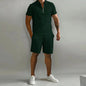 Summer New Solid-Color Men's Set – High-Street Polo Collar Short-Sleeve Zip-Front Pullover with Elastic Waist & Pockets, Y2K Shorts