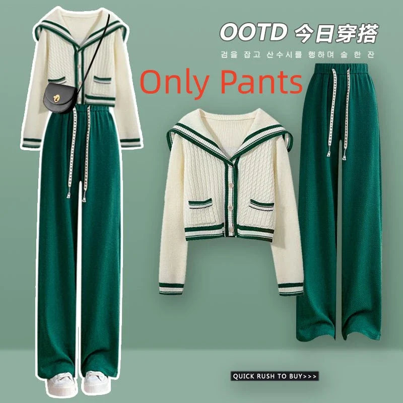 2024 New Spring Knit Set for Women - Preppy Sailor Collar Cardigan with Elastic Wide-Leg Pants, Long-Sleeve Korean Tracksuit