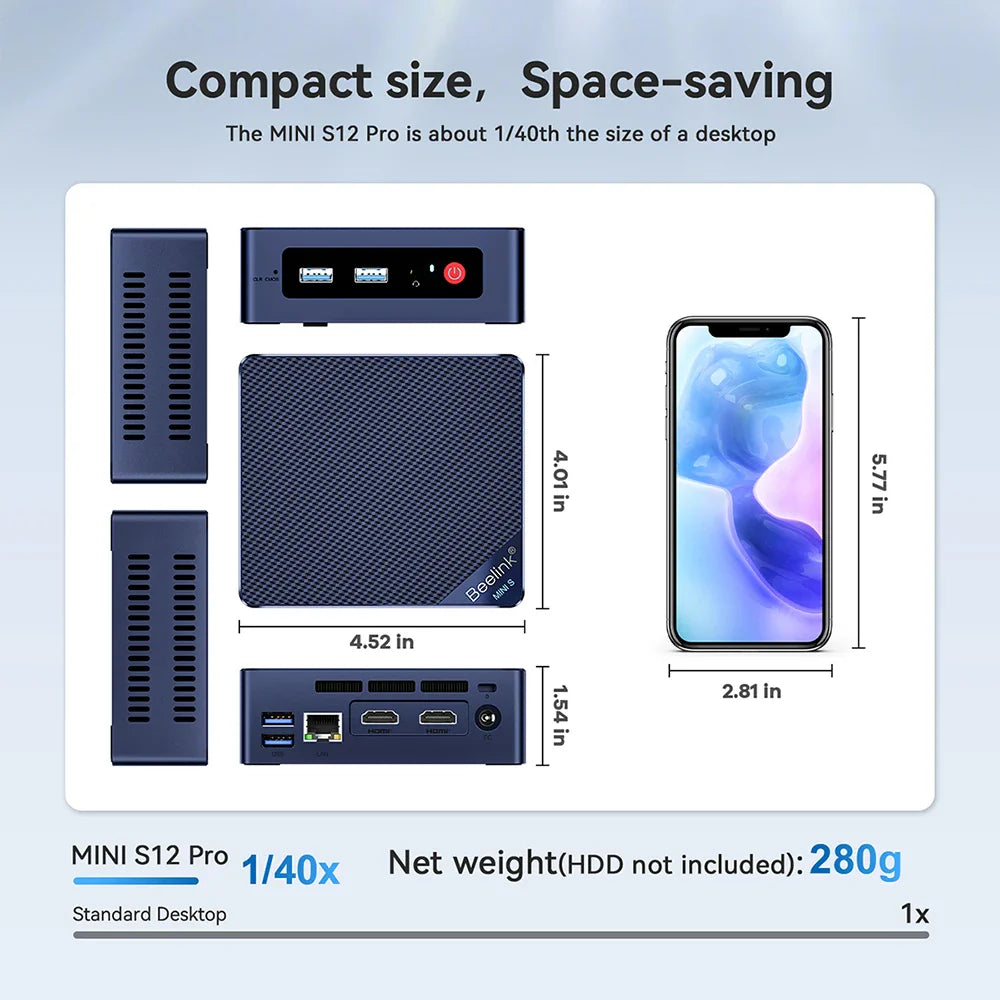 Beelink Mini S12 Pro Mini PC — Windows 11, Intel N100, 16GB RAM, 500GB SSD, 1Gbps LAN, Compact Gaming PC (S12 Pro vs J4125 GK Mini T8 Pro)