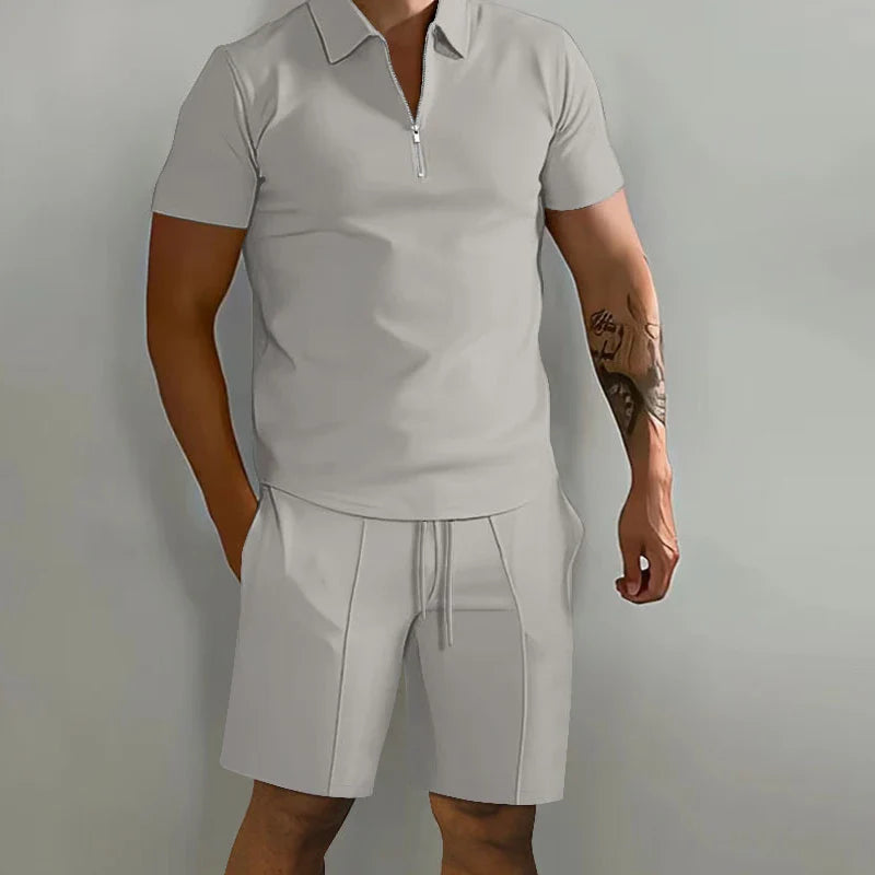 Summer New Solid-Color Men's Set – High-Street Polo Collar Short-Sleeve Zip-Front Pullover with Elastic Waist & Pockets, Y2K Shorts