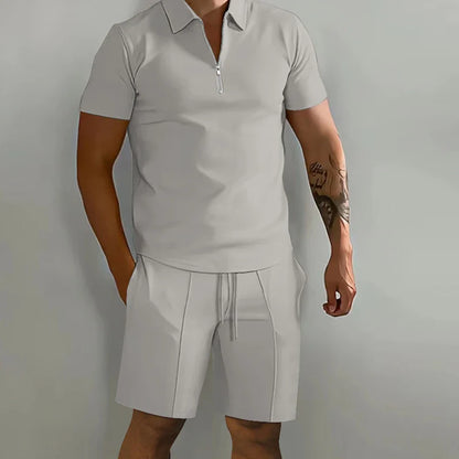 Summer New Solid-Color Men's Set – High-Street Polo Collar Short-Sleeve Zip-Front Pullover with Elastic Waist & Pockets, Y2K Shorts