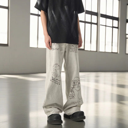 2024 Y2K Men's Jeans - Embroidered Washed Baggy Denim, Printed Straight Wide-Leg Streetwear Pants